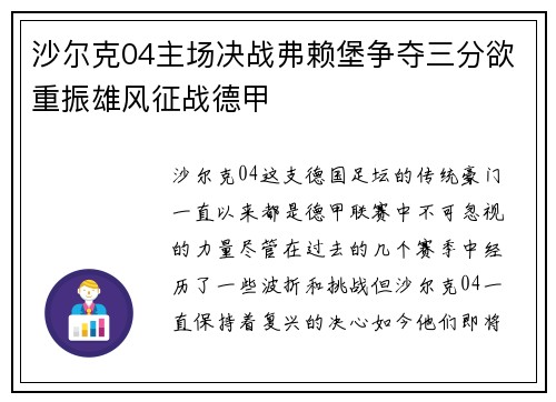 沙尔克04主场决战弗赖堡争夺三分欲重振雄风征战德甲