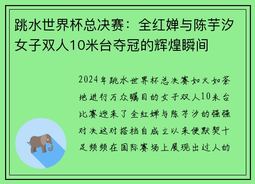 跳水世界杯总决赛：全红婵与陈芋汐女子双人10米台夺冠的辉煌瞬间