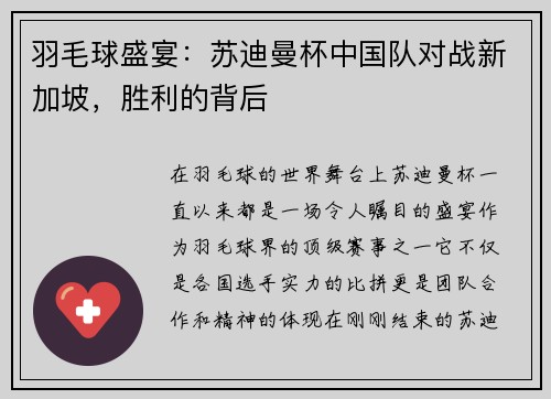 羽毛球盛宴：苏迪曼杯中国队对战新加坡，胜利的背后