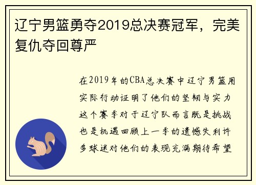 辽宁男篮勇夺2019总决赛冠军，完美复仇夺回尊严