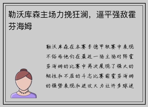 勒沃库森主场力挽狂澜，逼平强敌霍芬海姆